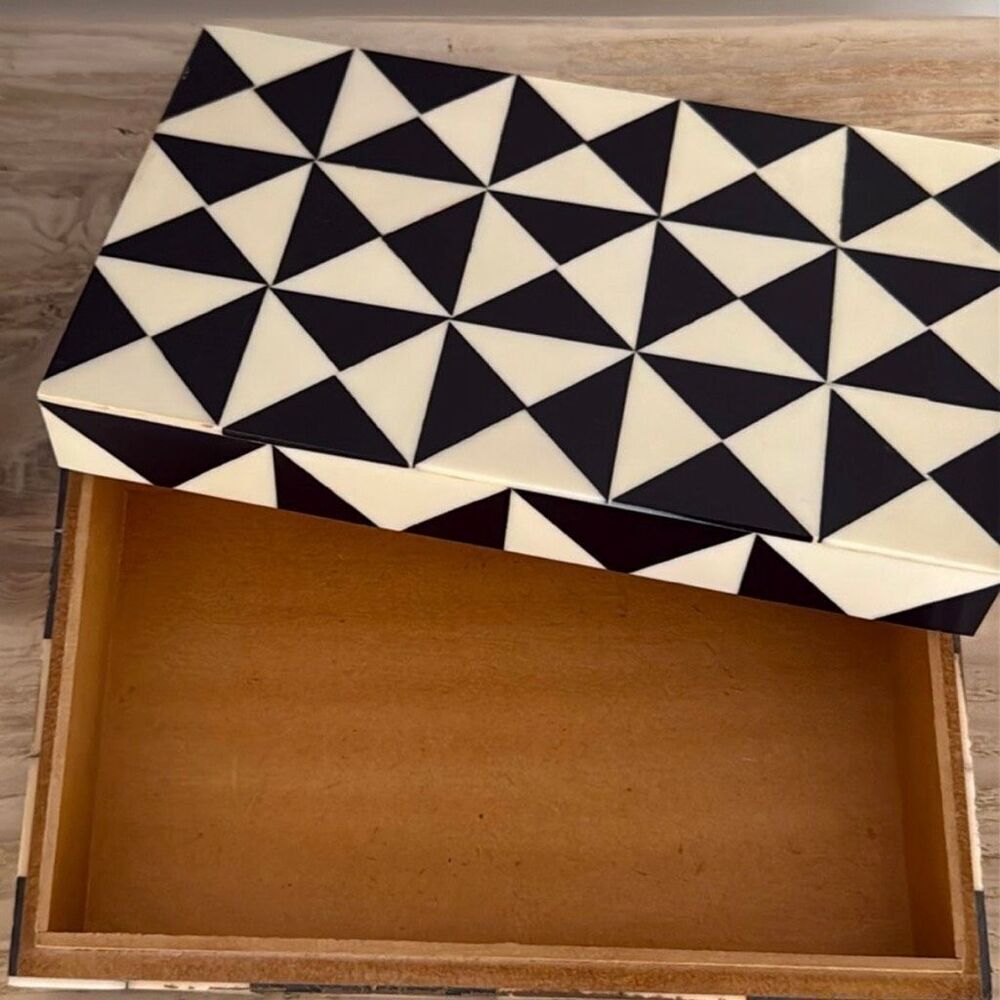 Black & White Valet Box - Modern Catchall Keepsake, Geometric Mosaic Inlay